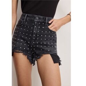 Good American Bombshell Rhinestone Distressed Denim Short Black Wash High Rise 8
